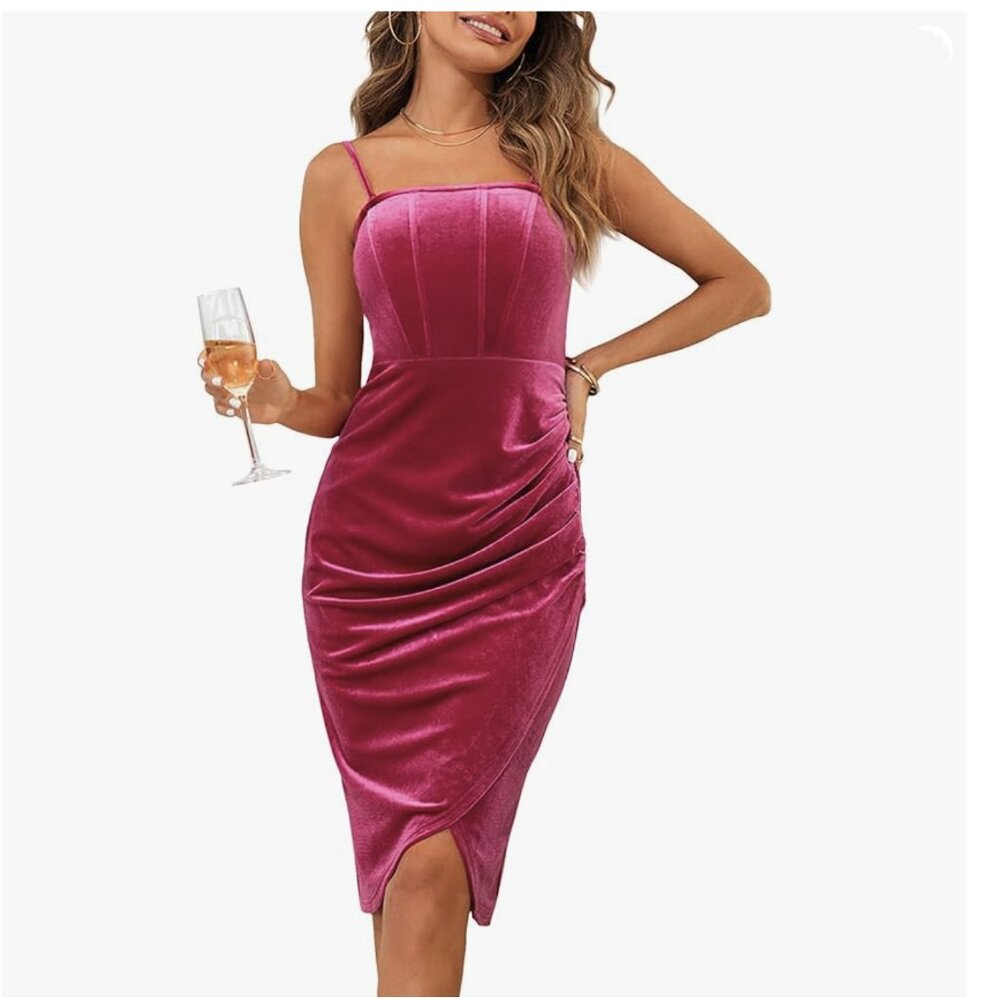 Velvet Bodycon Ruched Dress Strapless Corset Tube Asymmetrical Silt Midi Dress